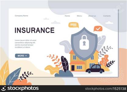 Insurance landing page template. House and transport are well protected, concept background. Home security protection web banner. Shield with lock. Trendy vector illustration