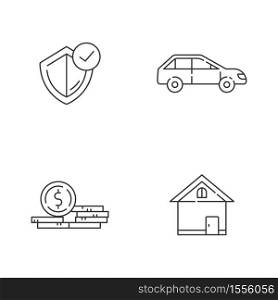 Insurance linear icons set. Money claim. General coverage policy. Risk management service for property. Customizable thin line contour symbols. Isolated vector outline illustrations. Editable stroke. Insurance linear icons set