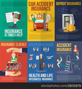 Insurance mni poster set with car acciden deposit health and life help isolated vector illustration. Insurance Poster Set