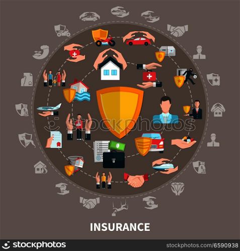 Insurance of business, health, travel, property and transport, round composition on grey brown background vector illustration. Insurance Round Composition