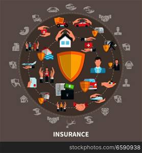 Insurance of business, health, travel, property and transport, round composition on grey brown background vector illustration. Insurance Round Composition
