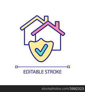 Insurance of real estate RGB color icon. Financial coverage for homeowners. Property protection policy. Isolated vector illustration. Simple filled line drawing. Editable stroke. Arial font used. Insurance of real estate RGB color icon