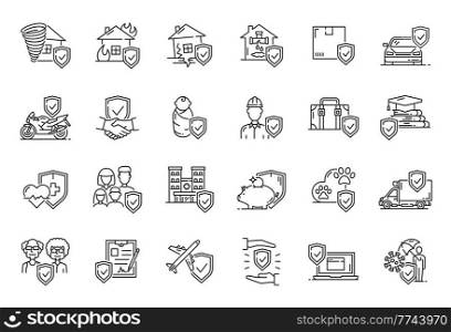 Insurance outline vector icons. Health, safety, business and ambulance, travel, transportation and disaster protection. Linear car, house, money and people, heart and plane with umbrellas and shields. Insurance outline icons. Health, safety, business