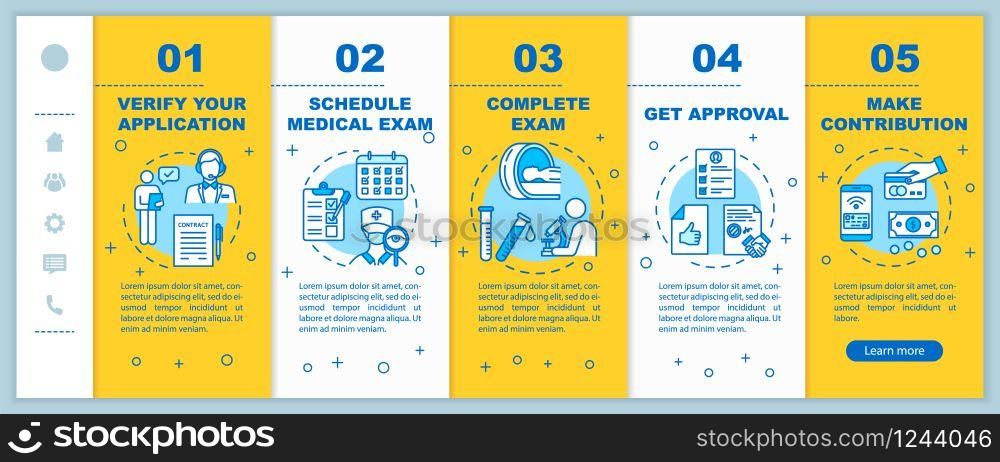 Insurance plan onboarding vector template. Agency services. Healthcare check. Personal confirmation. Responsive mobile website with icons. Webpage walkthrough step screens. RGB color concept