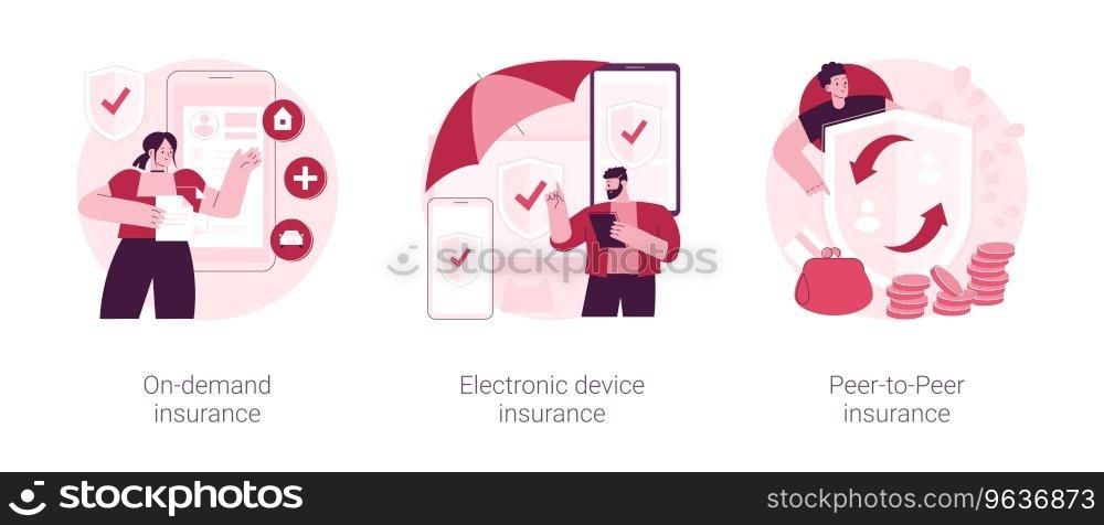Insurance policy abstract concept vector illustration set. On-demand insurance, electronic device warranty coverage, peer-to-peer collaborative social risk, accident cost abstract metaphor.. Insurance policy abstract concept vector illustrations.