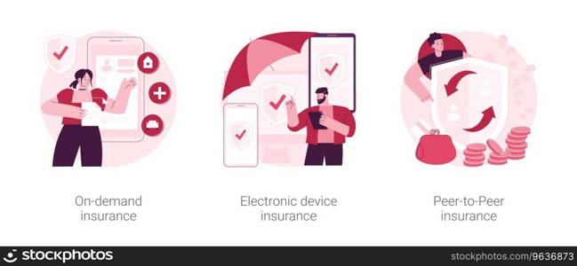 Insurance policy abstract concept vector illustration set. On-demand insurance, electronic device warranty coverage, peer-to-peer collaborative social risk, accident cost abstract metaphor.. Insurance policy abstract concept vector illustrations.