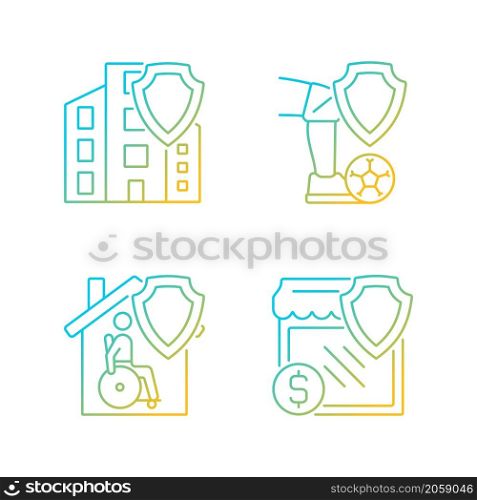 Insurance policy types gradient linear vector icons set. Financial compensation at accidents. Customers safety. Thin line contour symbols bundle. Isolated outline illustrations collection. Insurance policy types gradient linear vector icons set
