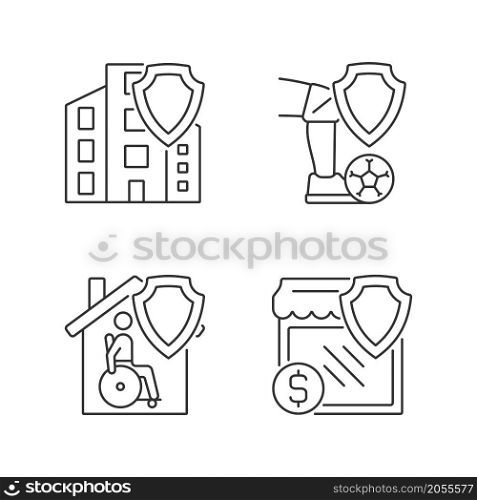 Insurance policy types linear icons set. Financial compensation at accidents. Customers safety in difficult situations. Customizable thin line contour symbols. Isolated vector outline illustrations. Insurance policy types linear icons set