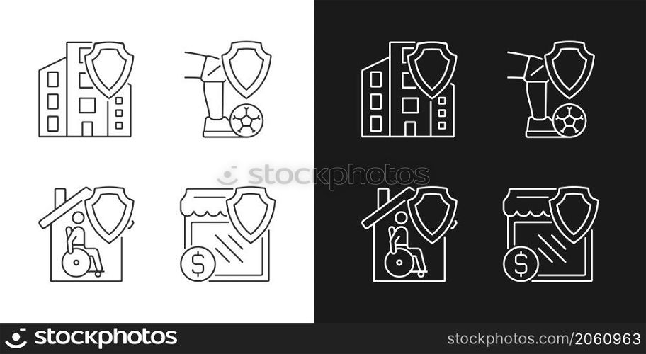 Insurance policy types linear icons set for dark and light mode. Financial compensation at accidents. Safety guaranty. Customizable thin line symbols. Isolated vector outline illustrations. Insurance policy types linear icons set for dark and light mode