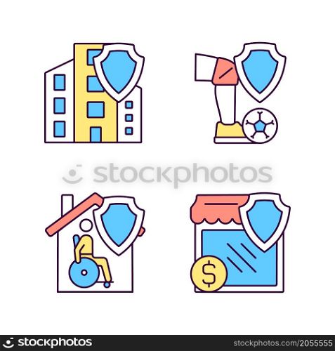 Insurance policy types RGB color icons set. Financial compensation at accidents. Customers safety in difficult situations. Isolated vector illustrations. Simple filled line drawings collection. Insurance policy types RGB color icons set