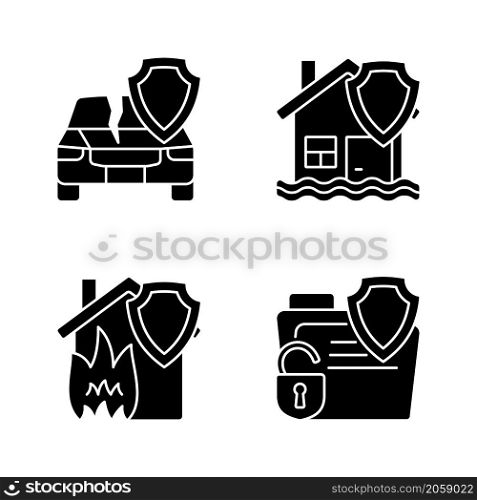 Insurance protection from accidents black glyph icons set on white space. Policy covering different case types. Guaranteed protection. Silhouette symbols. Vector isolated illustration. Insurance protection from accidents black glyph icons set on white space
