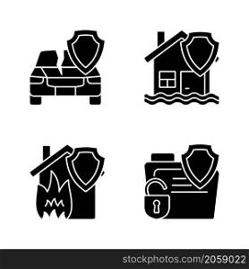 Insurance protection from accidents black glyph icons set on white space. Policy covering different case types. Guaranteed protection. Silhouette symbols. Vector isolated illustration. Insurance protection from accidents black glyph icons set on white space