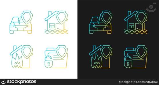 Insurance protection from accidents gradient icons set for dark and light mode. Guaranteed safety. Thin line contour symbols bundle. Isolated vector outline illustrations collection on black and white. Insurance protection from accidents gradient icons set for dark and light mode