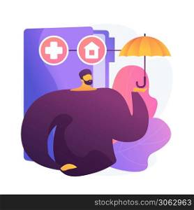 Insurance, protection from financial loss. Risk management. Health, life, property, income insurance. Insurance agent cartoon character with umbrella. Vector isolated concept metaphor illustration.. Insurance vector concept metaphor