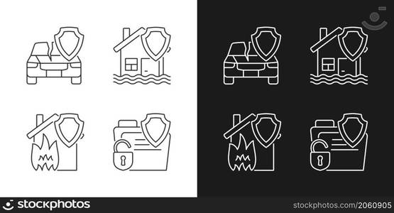 Insurance protection policy linear icons set for dark and light mode. Guaranteed safety at accident. Insurance case. Customizable thin line symbols. Isolated vector outline illustrations. Insurance protection policy linear icons set for dark and light mode