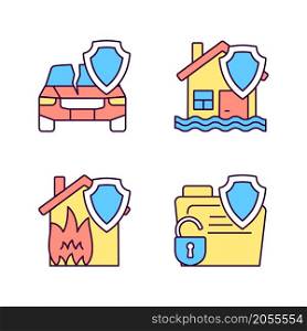 Insurance protection policy RGB color icons set. Guaranteed safety at accident. Policy covering different case types. Isolated vector illustrations. Simple filled line drawings collection. Insurance protection policy RGB color icons set