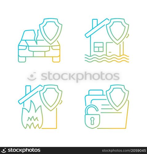 Insurance protection types gradient linear vector icons set. Guaranteed safety at accident. Covering different case types. Thin line contour symbols bundle. Isolated outline illustrations collection. Insurance protection types gradient linear vector icons set