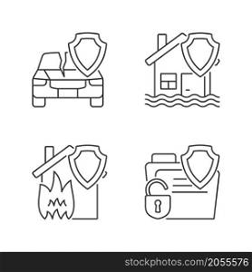 Insurance protection types linear icons set. Guaranteed safety at accident. Policy covering different case types. Customizable thin line contour symbols. Isolated vector outline illustrations. Insurance protection types linear icons set