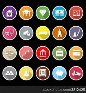 Insurance related flat icons with long shadow, stock vector