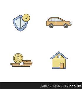 Insurance RGB color icons set. Money claim. General coverage policy. Risk management service for property. Cash for car. Real estate protection. Legal control. Isolated vector illustrations. Insurance RGB color icons set