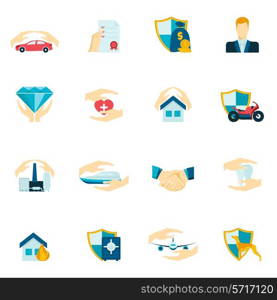 Insurance security icons flat set of medical property house protection isolated vector illustration