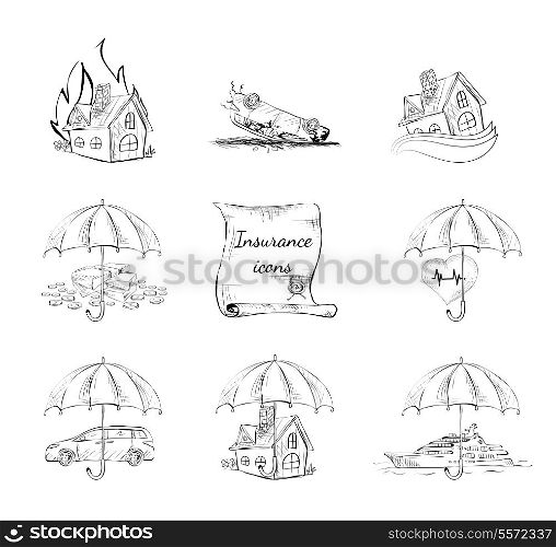 Insurance security icons set of property car house and health protection isolated hand drawn sketch vector illustration