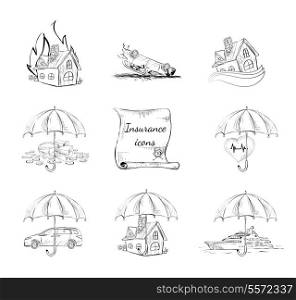 Insurance security icons set of property car house and health protection isolated hand drawn sketch vector illustration