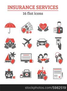 Insurance Services Icons Set . Insurance services red black icons set with health life and property insurance symbols flat isolated vector illustration
