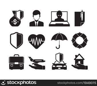 Insurance silhouettes. Protective life property disaster home travel or business insurance icon collection. Black and white insurance icons set, security and protect illustration. Insurance silhouettes. Protective life property disaster home travel or business insurance icon collection