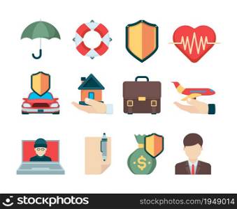 Insurance symbols. Various cases for travelers insurance type for business life and health special agents vector icons. Illustration health care and insurance shield, business safety. Insurance symbols. Various cases for travelers insurance type for business life and health special agents vector icons