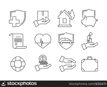 Insurance thin icons. Business protection auto fall damaged assured umbrella life insurance vector symbols. Protection health and business insurance illustration. Insurance thin icons. Business protection auto fall damaged assured umbrella life insurance vector symbols