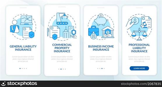 Insurance types blue onboarding mobile app screen. Policy walkthrough 4 steps graphic instructions pages with linear concepts. UI, UX, GUI template. Myriad Pro-Bold, Regular fonts used. Insurance types blue onboarding mobile app screen