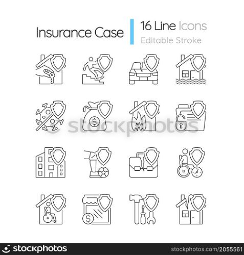 Insurance types linear icons set. Accidents financial protection guaranty. Customizable thin line contour symbols. Isolated vector outline illustrations. Editable stroke. Quicksand-Light font used. Insurance types linear icons set