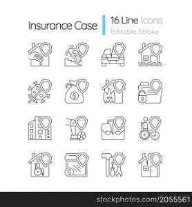 Insurance types linear icons set. Accidents financial protection guaranty. Customizable thin line contour symbols. Isolated vector outline illustrations. Editable stroke. Quicksand-Light font used. Insurance types linear icons set