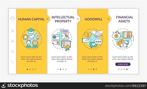 Intangible investment kinds onboarding vector template. Intellectual property. Human resources. Responsive mobile website with icons. Webpage walkthrough step screens. RGB color concept. Intangible investment kinds onboarding vector template