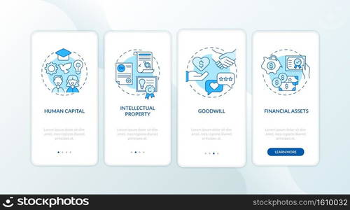 Intangible investment types onboarding mobile app page screen with concepts. Intellectual property, finance walkthrough 4 steps graphic instructions. UI vector template with RGB color illustrations. Intangible investment types onboarding mobile app page screen with concepts