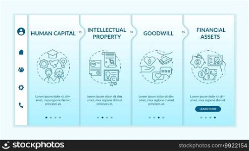 Intangible investment types onboarding vector template. Human capital. Goodwill. Financial assets. Responsive mobile website with icons. Webpage walkthrough step screens. RGB color concept. Intangible investment types onboarding vector template