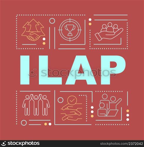 Integrated local area planning word concepts red banner. ILAP. Infographics with icons on color background. Isolated typography. Vector illustration with text. Arial-Black font used. Integrated local area planning word concepts red banner