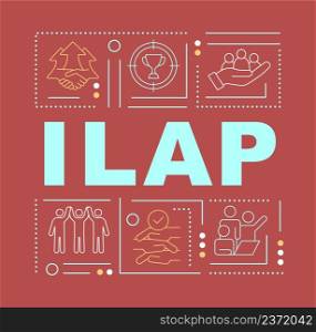 Integrated local area planning word concepts red banner. ILAP. Infographics with icons on color background. Isolated typography. Vector illustration with text. Arial-Black font used. Integrated local area planning word concepts red banner