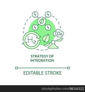 Integration strategy green concept icon. Eco fuel. Decarbonization plan abstract idea thin line illustration. Isolated outline drawing. Editable stroke. Roboto-Medium, Myriad Pro-Bold fonts used. Integration strategy green concept icon