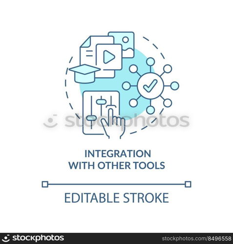 Integration with other tools turquoise concept icon. LCMS feature abstract idea thin line illustration. Multimedia content. Isolated outline drawing. Editable stroke. Arial, Myriad Pro-Bold fonts used. Integration with other tools turquoise concept icon