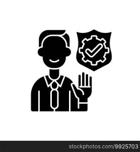 Integrity black glyph icon. Company employee accountability. Core corporate values. Business ethics. Administration and management. Silhouette symbol on white space. Vector isolated illustration. Integrity black glyph icon