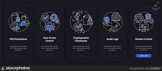 Integrity night mode onboarding mobile app screen. Sensitive data walkthrough 5 steps graphic instructions pages with linear concepts. UI, UX, GUI template. Myriad Pro-Bold, Regular fonts used. Integrity night mode onboarding mobile app screen