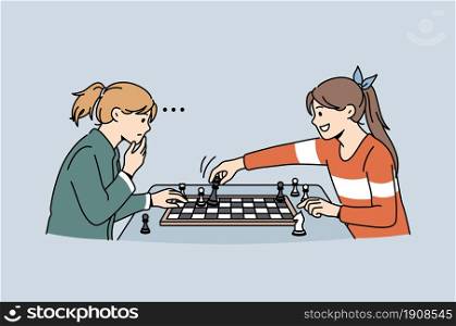 Intellectual game and playing chess concept. Two small girls sitting thinking of strategy playing chess feeling clever vector illustration . Intellectual game and playing chess concept.
