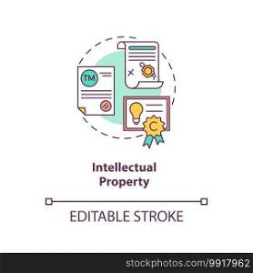 Intellectual property concept icon. Intangible asset idea thin line illustration. Mental-work products. Copyrights, patents, trademarks. Vector isolated outline RGB color drawing. Editable stroke. Intellectual property concept icon