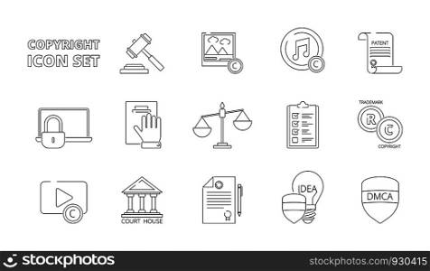 Intellectual property icons. Copyright legal policy regulations independence individuality rights patent ownership vector line icons. Intellectual copyright protection rights illustration. Intellectual property icons. Copyright legal policy regulations independence individuality rights patent ownership vector line icons
