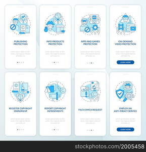 Intellectual property rights onboarding mobile app page screen set. Copyright walkthrough 4 steps graphic instructions with concepts. UI, UX, GUI vector template with linear color illustrations. Intellectual property rights onboarding mobile app page screen set