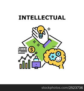 Intellectual Vector Icon Concept. Intellectual Processing For Startup And Developing Company Strategy, Business Idea Management And Analyzing Financial Report On Computer Color Illustration. Intellectual Vector Concept Color Illustration