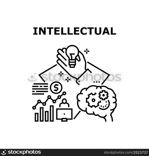 Intellectual Vector Icon Concept. Intellectual Processing For Startup And Developing Company Strategy, Business Idea Management And Analyzing Financial Report On Computer Black Illustration. Intellectual Vector Concept Black Illustration