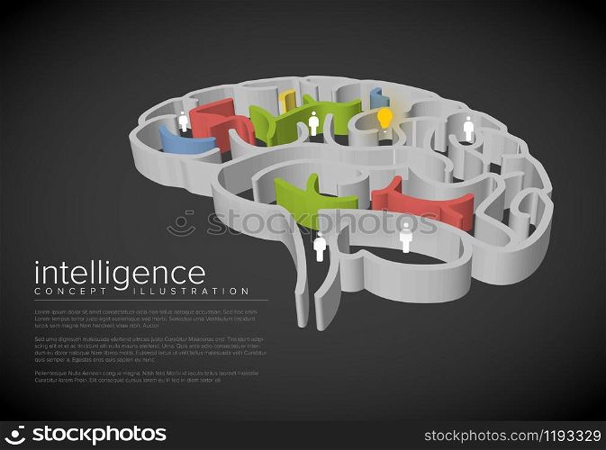 Intelligence conceptual illustration with brain as a labyrinth, idea and people - dark version. Intelligence conceptual illustration